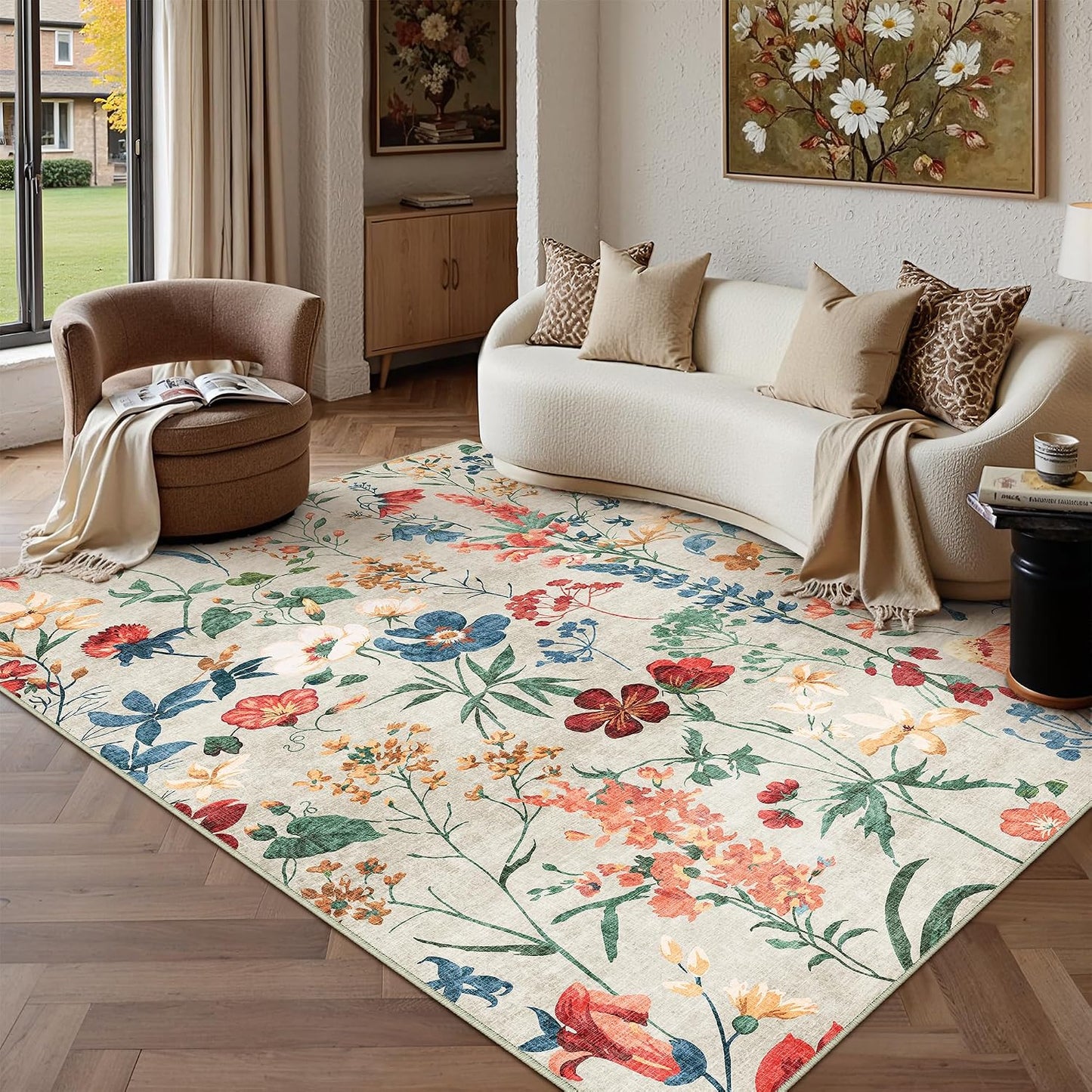 Alfombra beige 5x7 florales sala cocina boho antiderrap