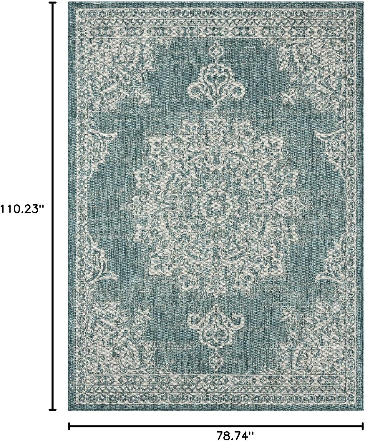 Alfombra geométrica medallón patio 6.6x9.2ft azul/blanco