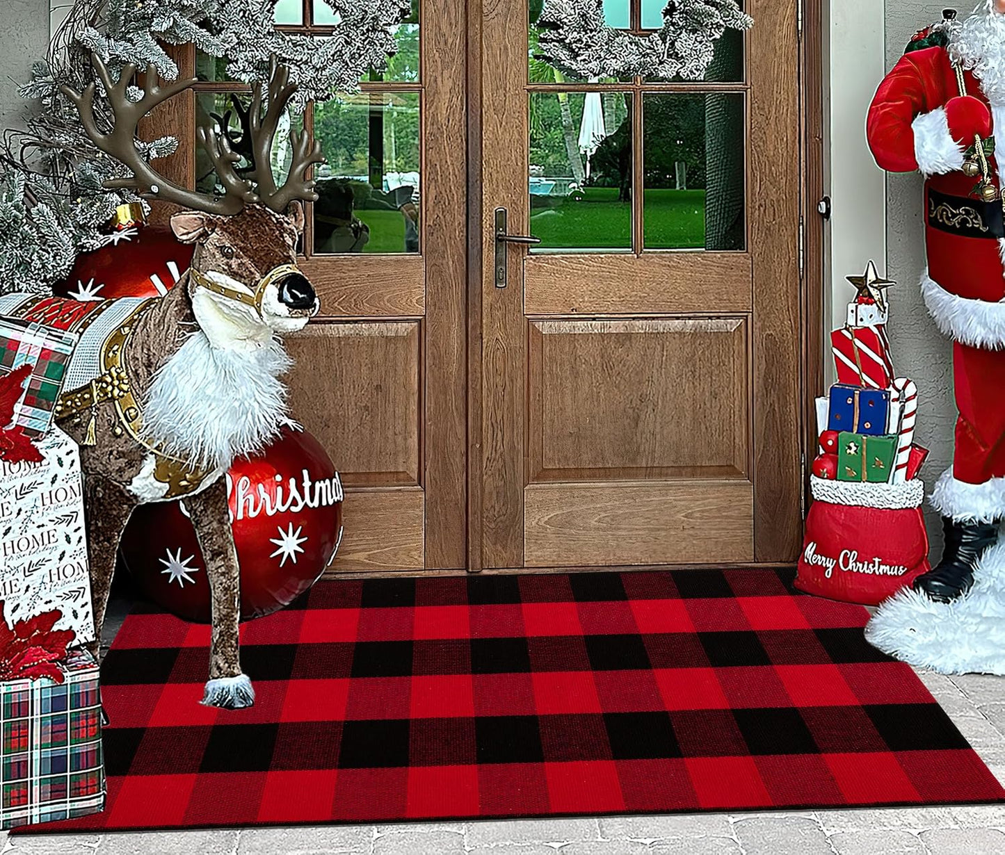 Alfombra Navidad porche 24x51pulg cuadros rojos y negros