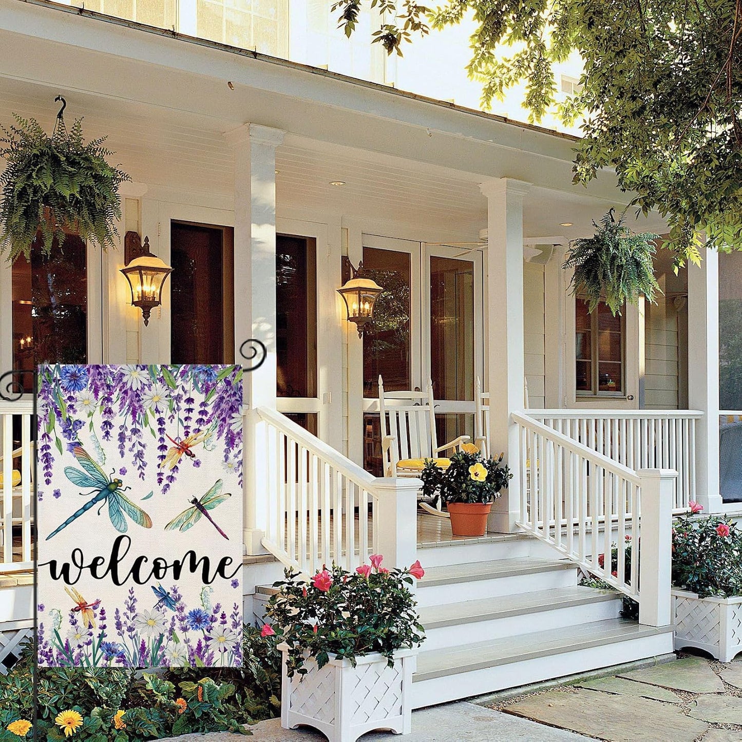 Banderas jardín acuarela lavanda libélula decoración exterior