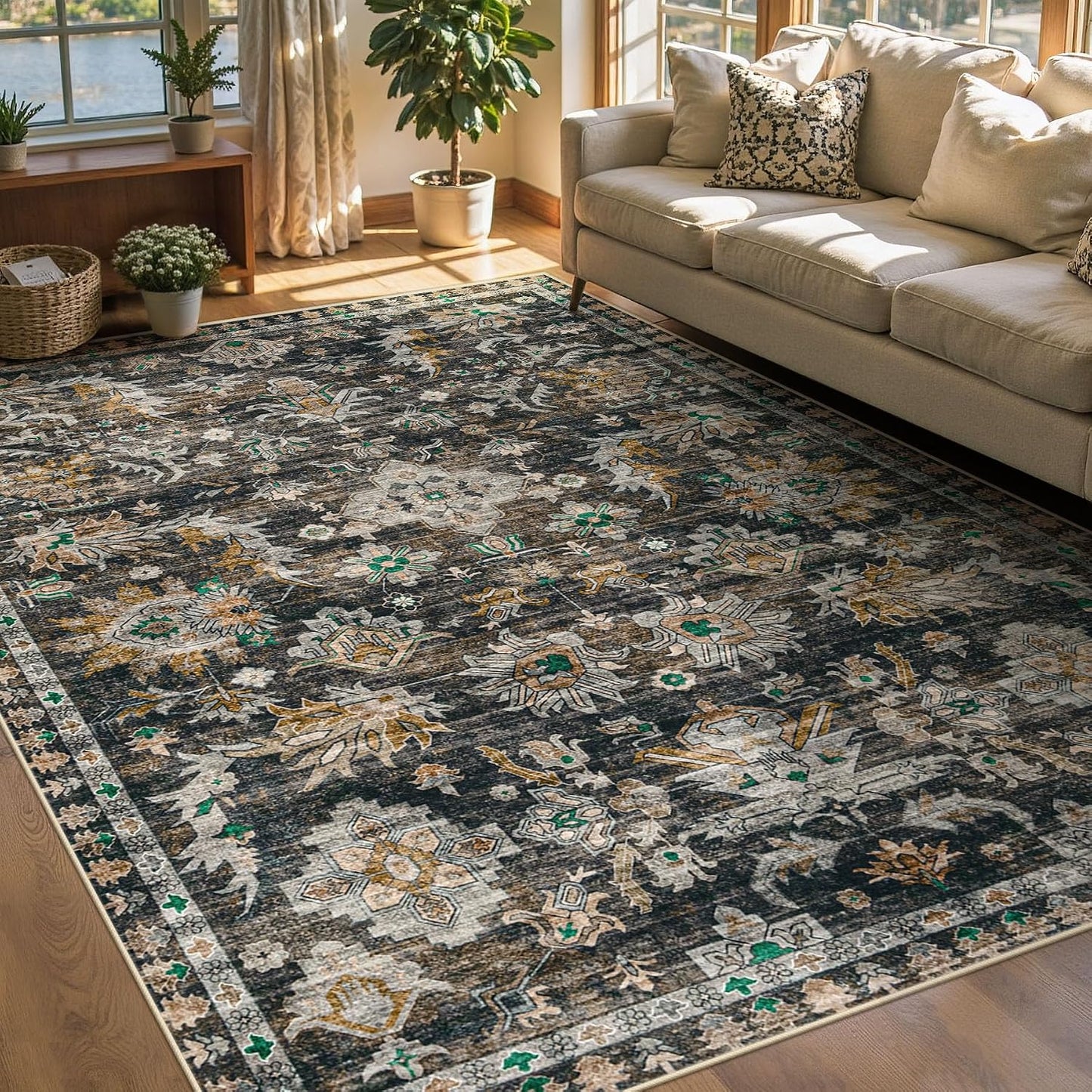 Alfombra 5x7ft estilo bohemio vintage antideslizante gris