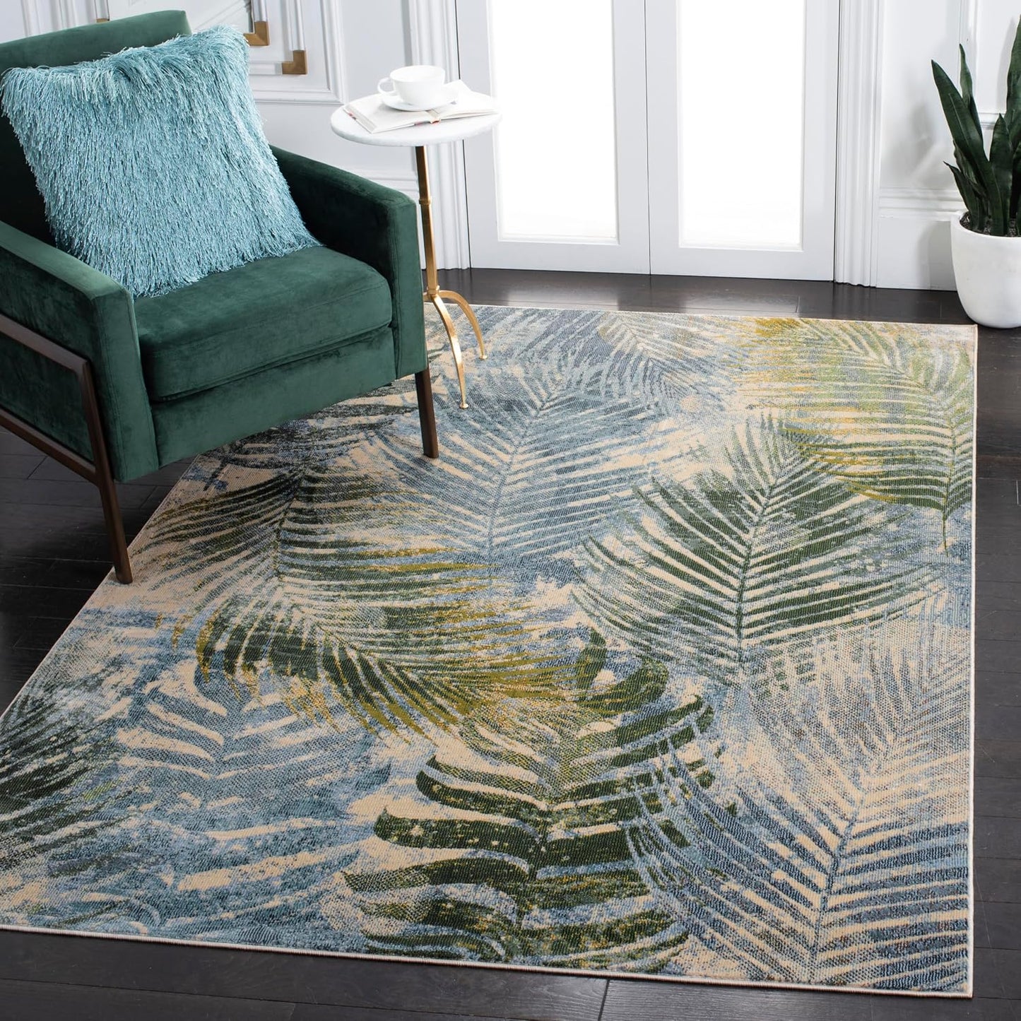 Alfombra sala 5.3x7ft color azul y verde bohemio