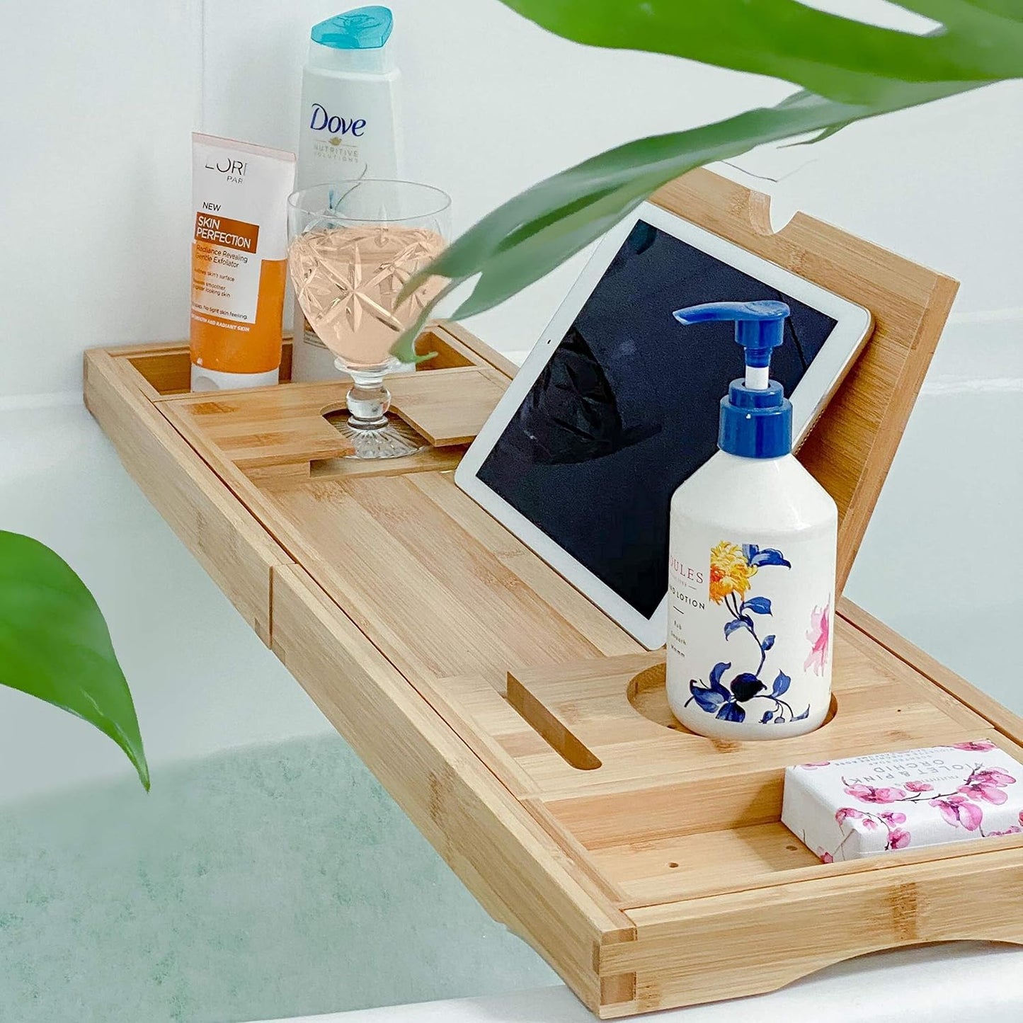 Bandeja baño bambú plegable extensible con accesorios