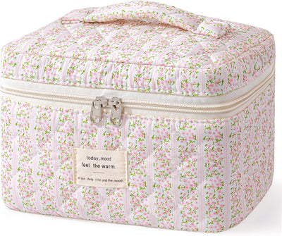 Bolsa maquillaje acolchada algodón con flores para mujer y niña