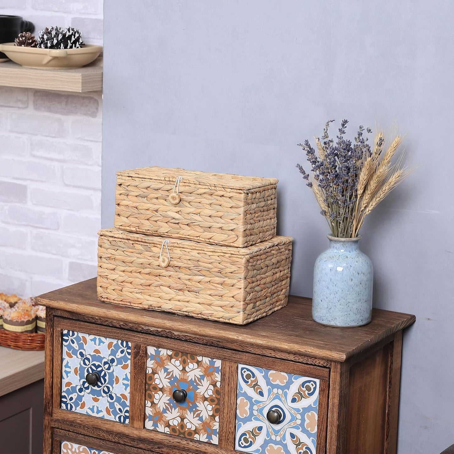 2 Pzas Caja Ratán Rectangular con Tapa Multiusos