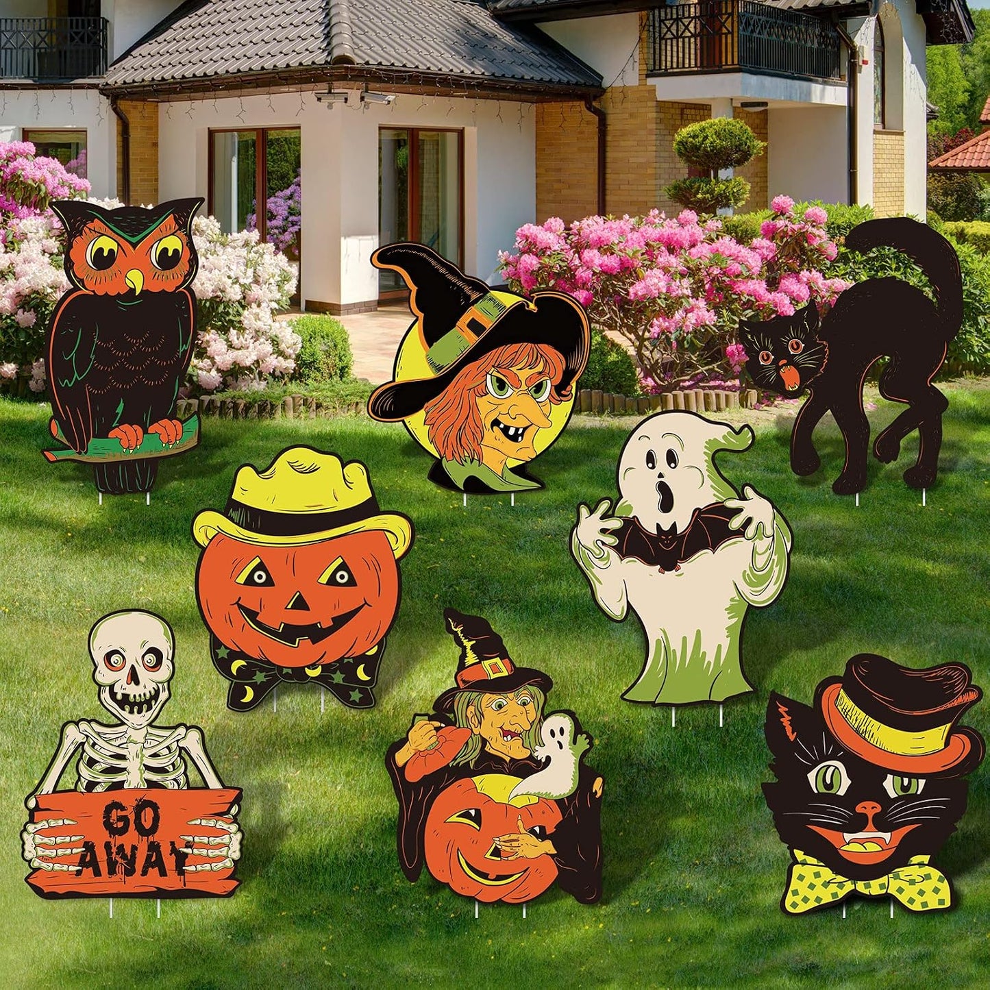8 Carteles Halloween Plástico Corrugado Bruja Gato Calabaza