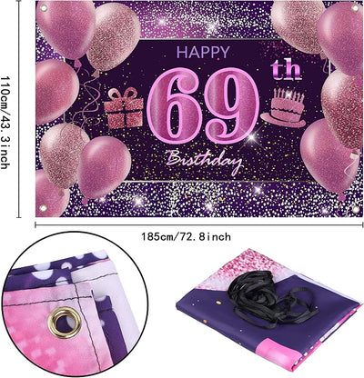 Decoración cumpleaños 69 años niña pancarta rosa telón fondo