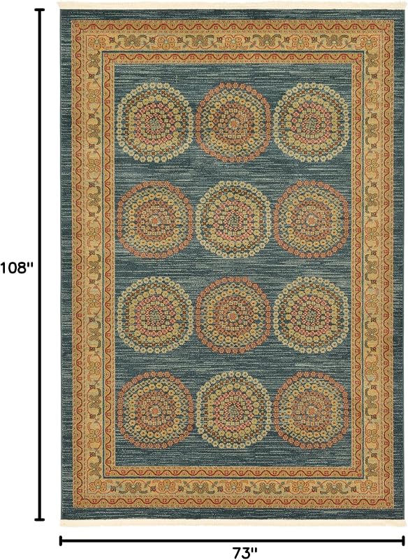 Alfombra medallón tribal 6x9ft color azul marino/beige