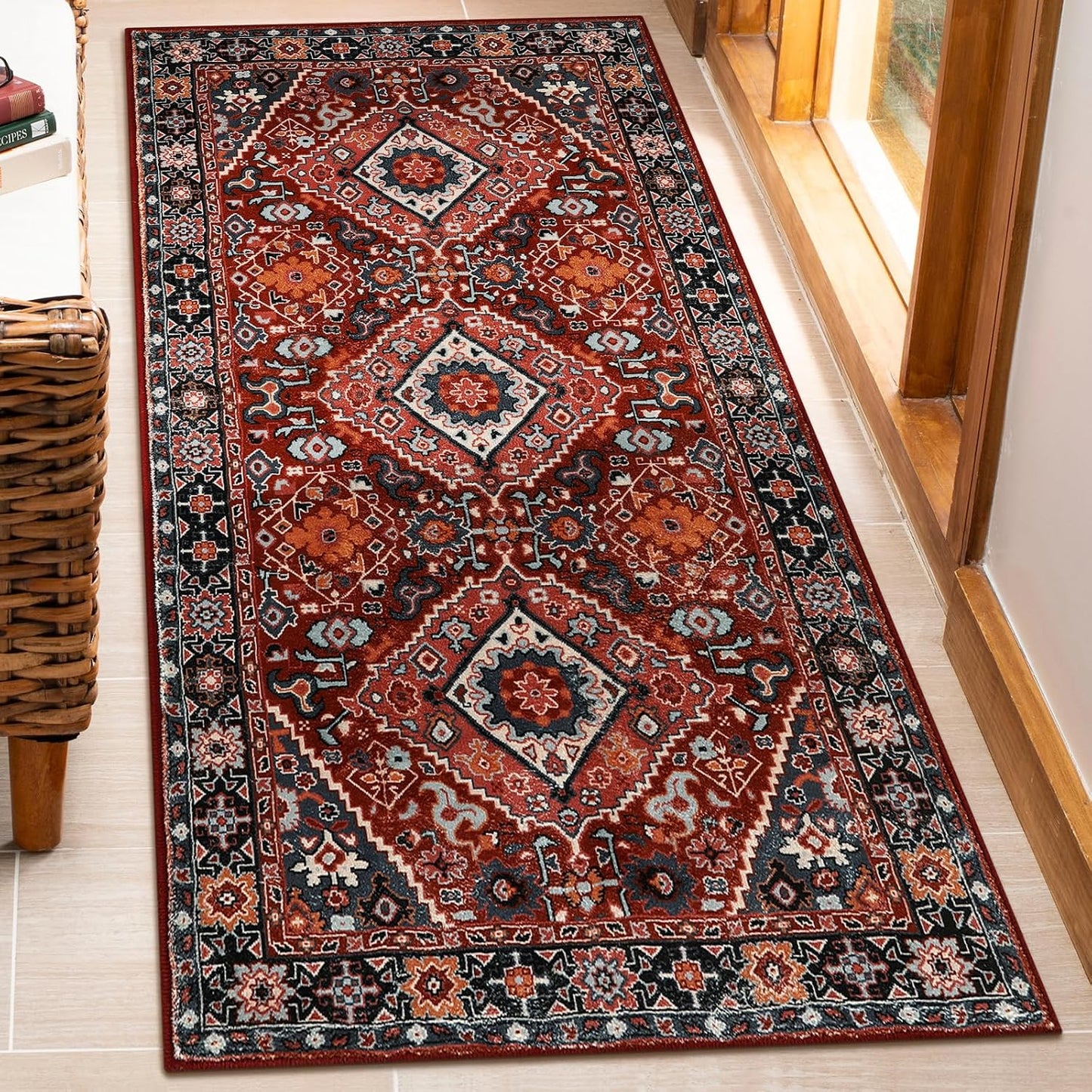 Alfombra oriental roja antiderrap para cocina y dormitorio