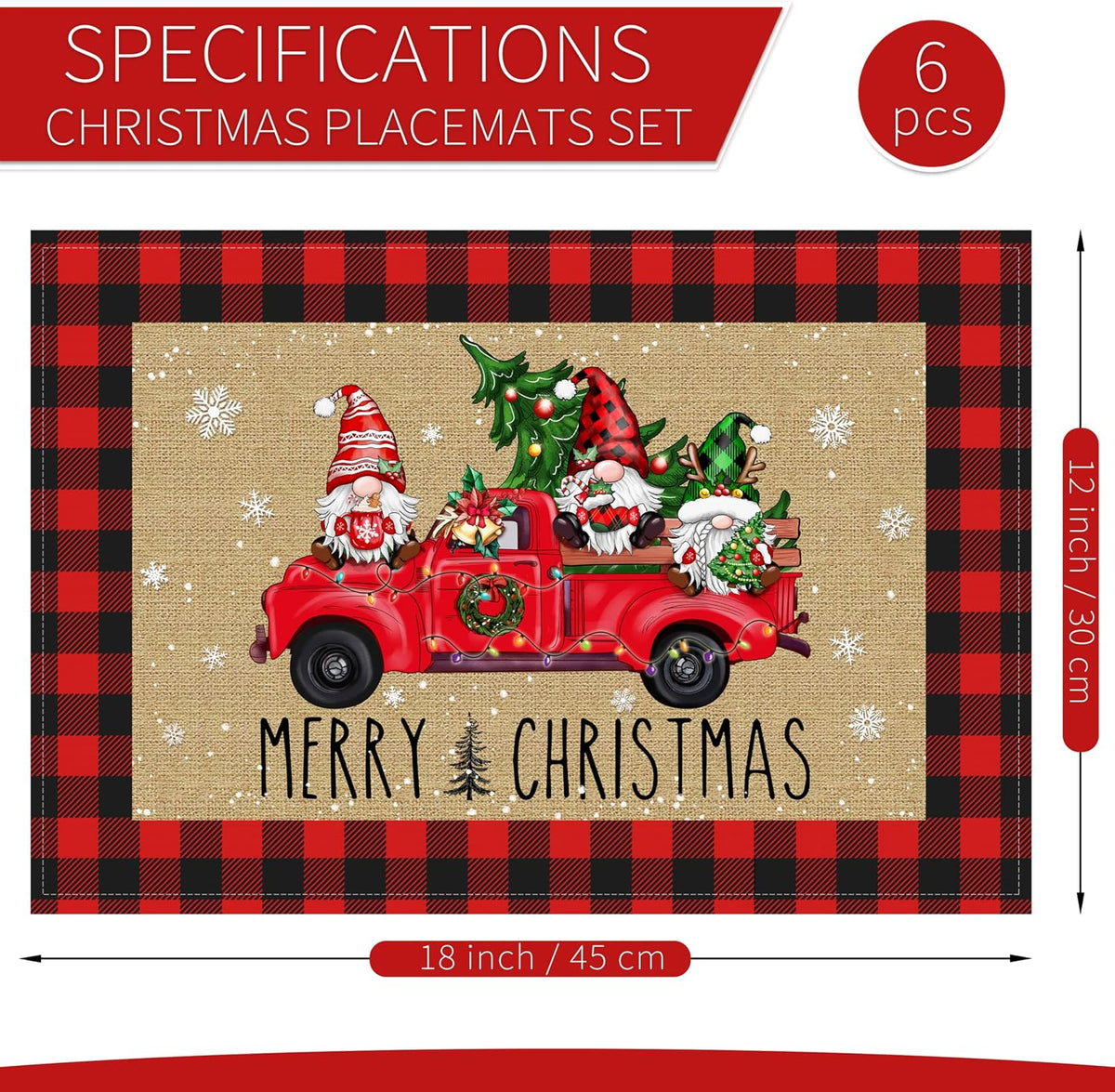 6 Manteles Navidad 12x18pulg Lino Copos Nieve Camión Gnomo