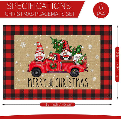 6 Manteles Navidad 12x18pulg Lino Copos Nieve Camión Gnomo
