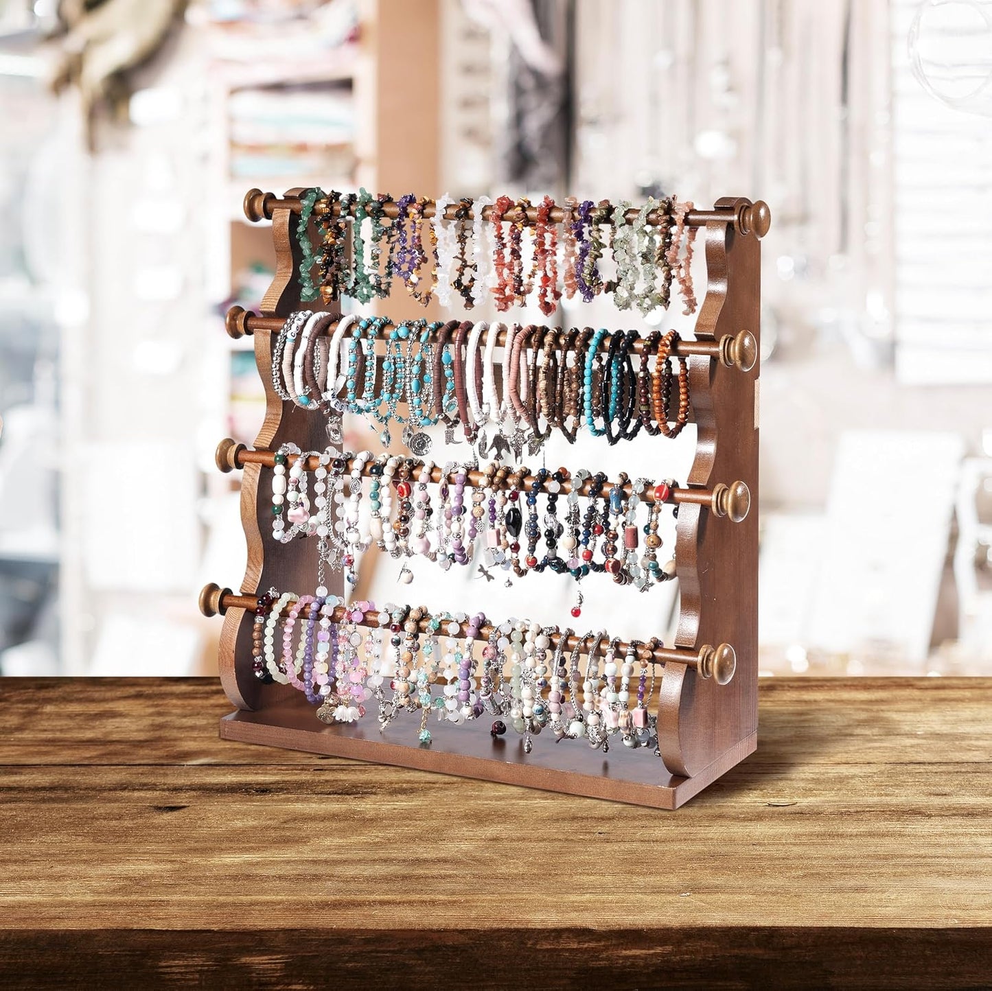 Soporte madera 4 niveles para pulseras brazaletes y collares
