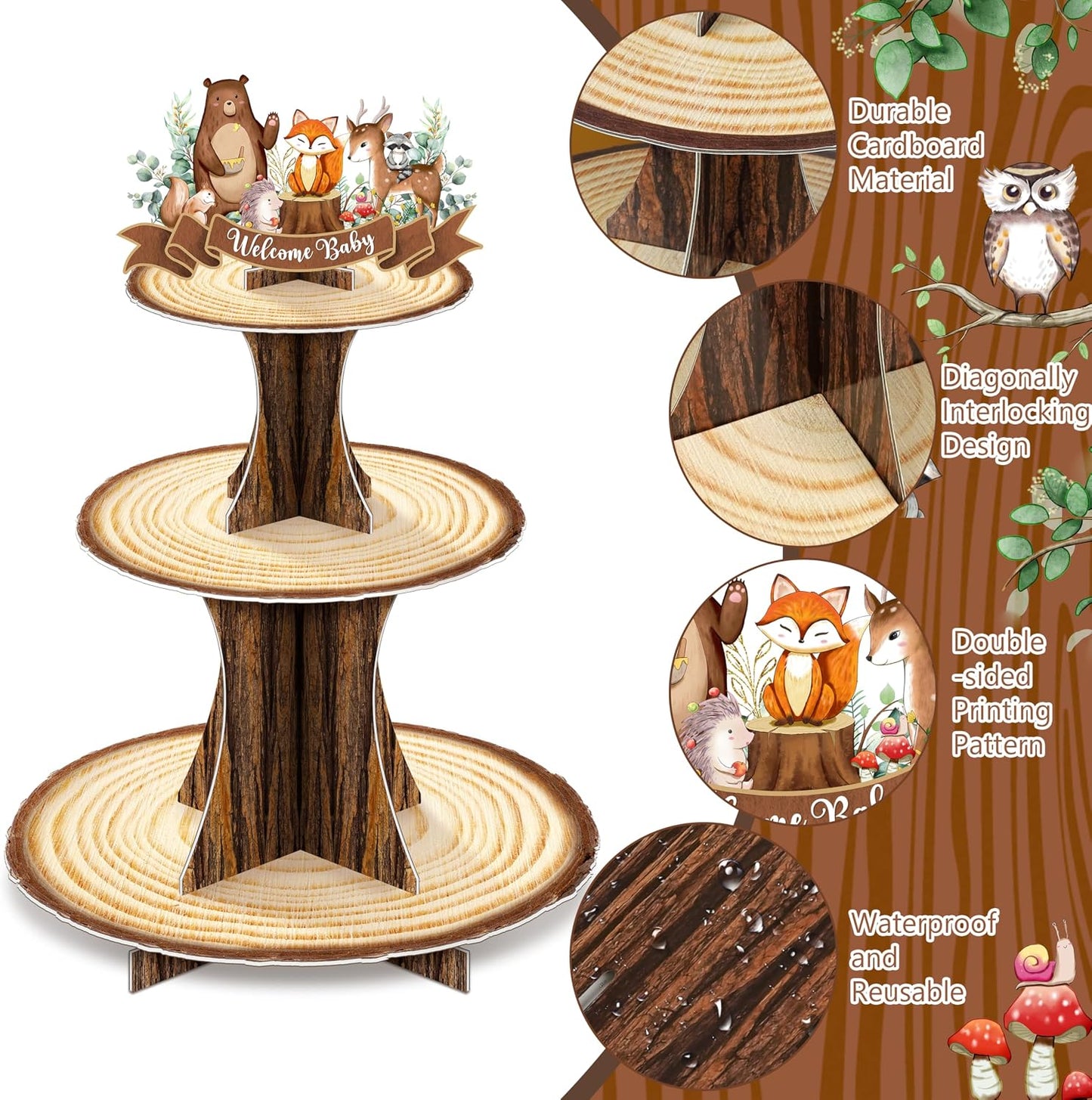 Soporte cupcakes animales bosque madera rústica 3 niveles