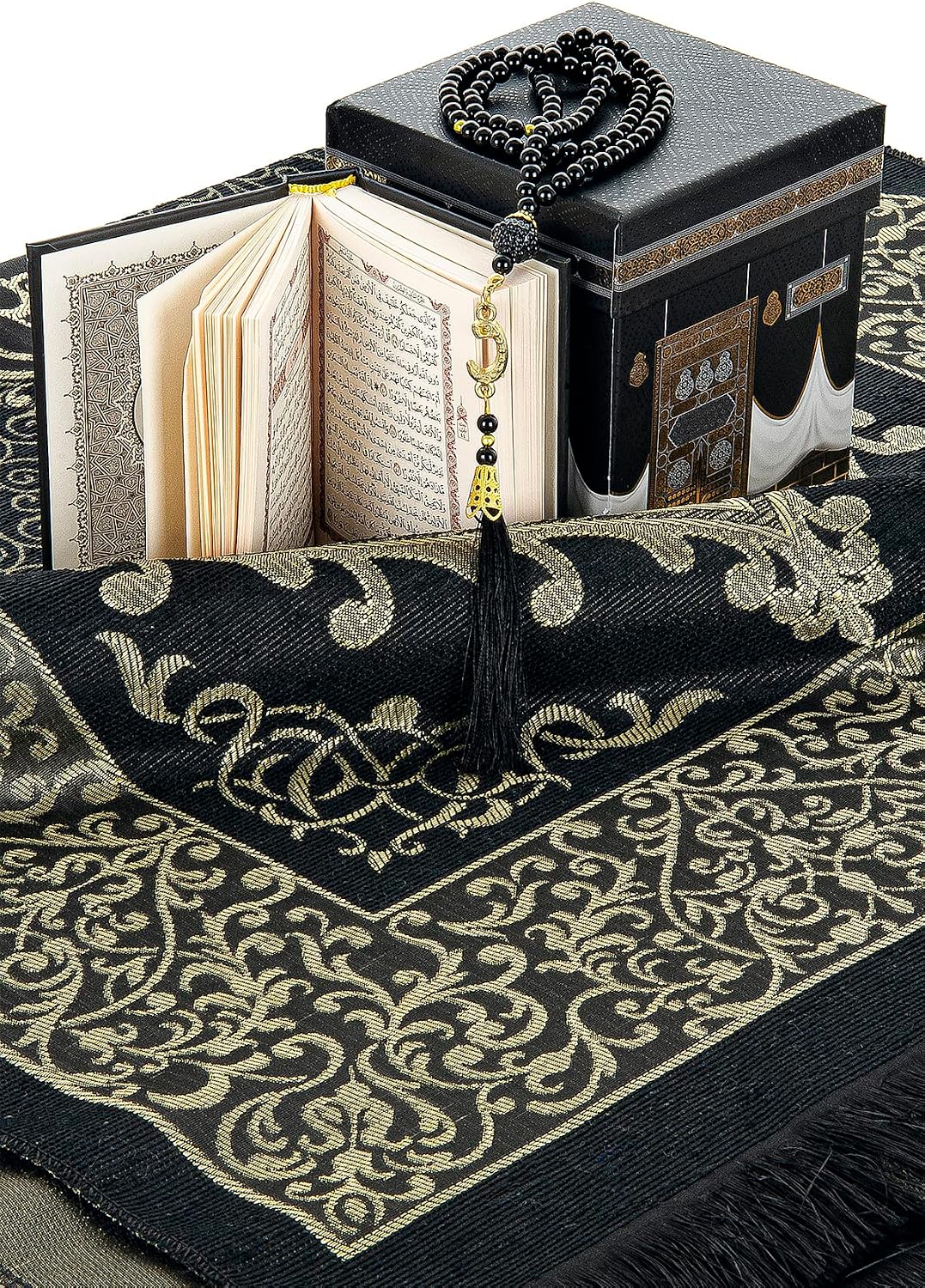 Alfombra oración diseño Kaaba negro regalo islámico