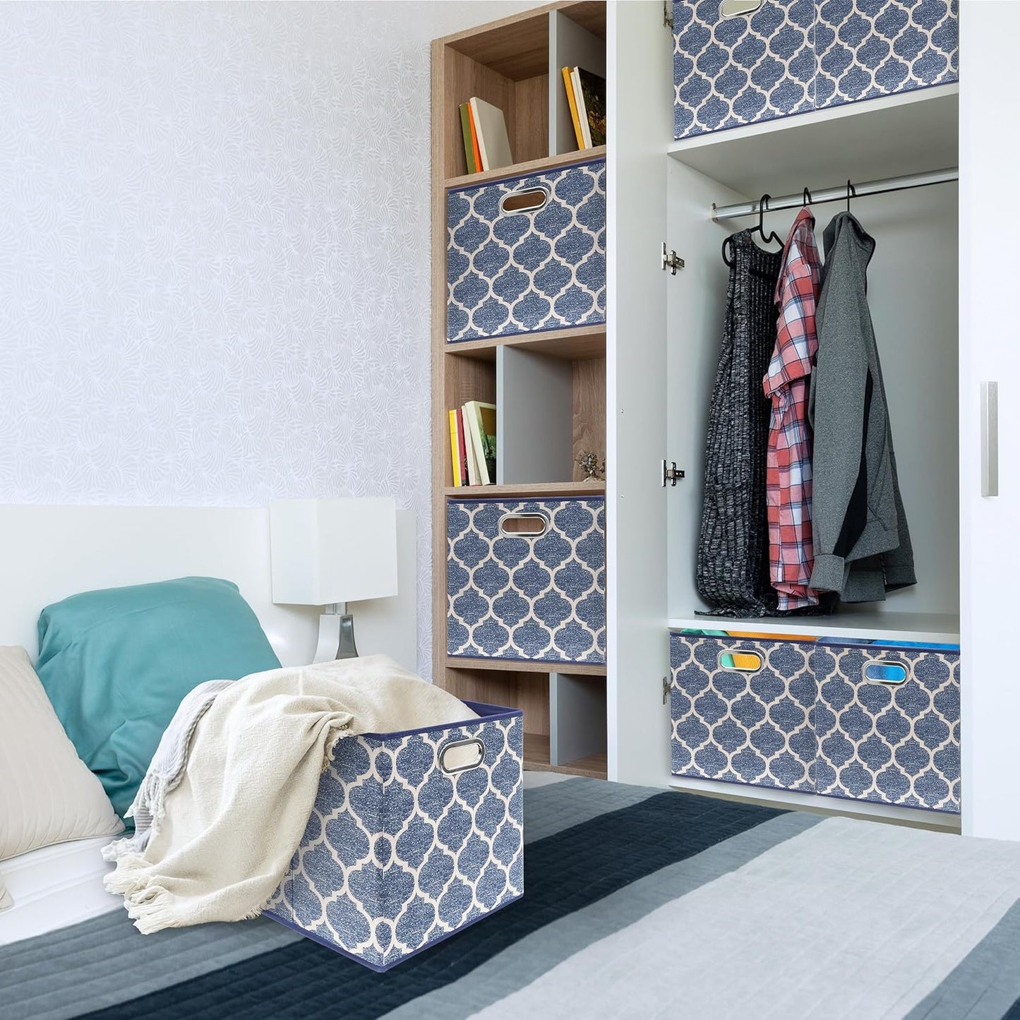 Cubo tela plegable 13" asas diseño impreso set 3 azul