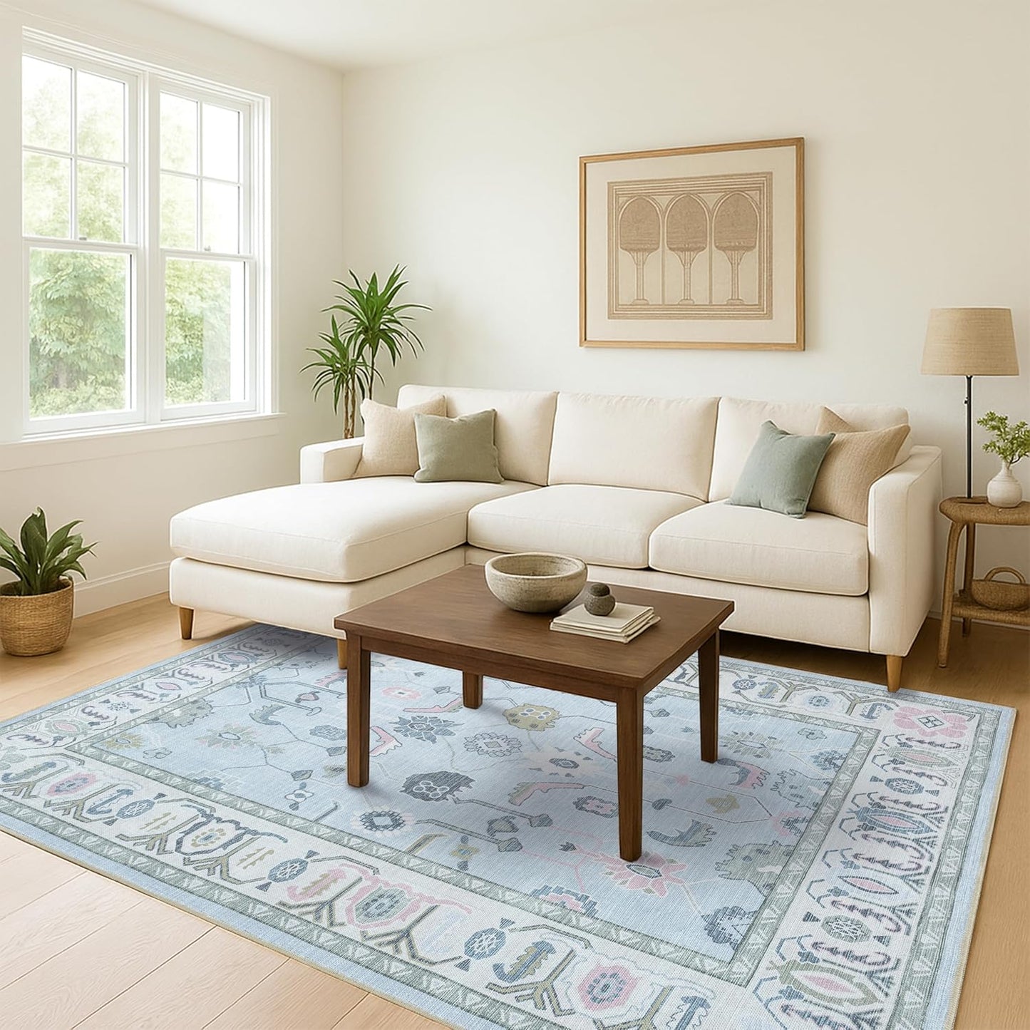 Alfombra Oushak azul crema sala comedor dormitorio 7'5x9'8