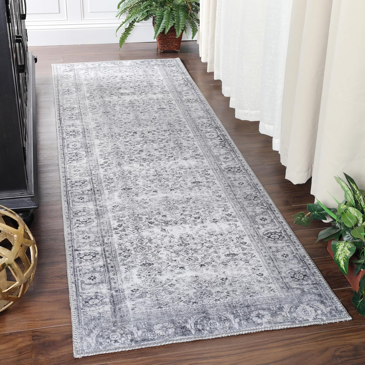 Alfombra tejido plano floral antiguo gris 2'6"x7'6"