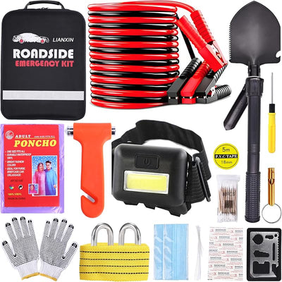 Kit emergencia coche con cables puente lámpara pala correa