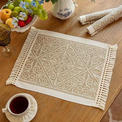 Set 4 manteles impermeables boho con borla mesa café