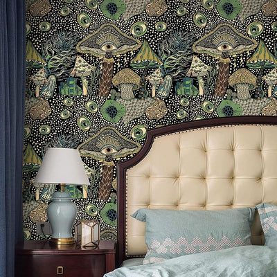 Papel pintado floral adhesivo estilo bohemio hongos