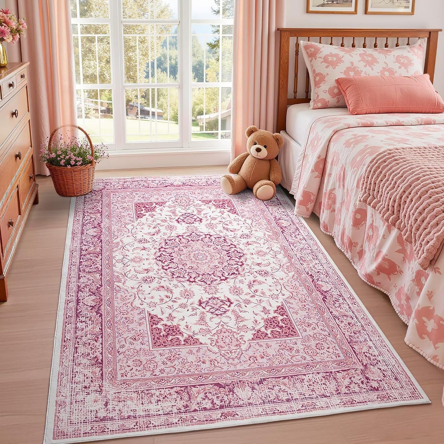 Alfombra rosa dormitorio niña suave 3x5 antiderrap
