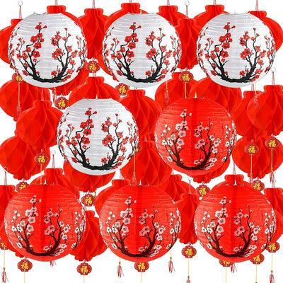 60 Faroles Papel Flor Cerezo Rojo 12pulg Festival Primavera