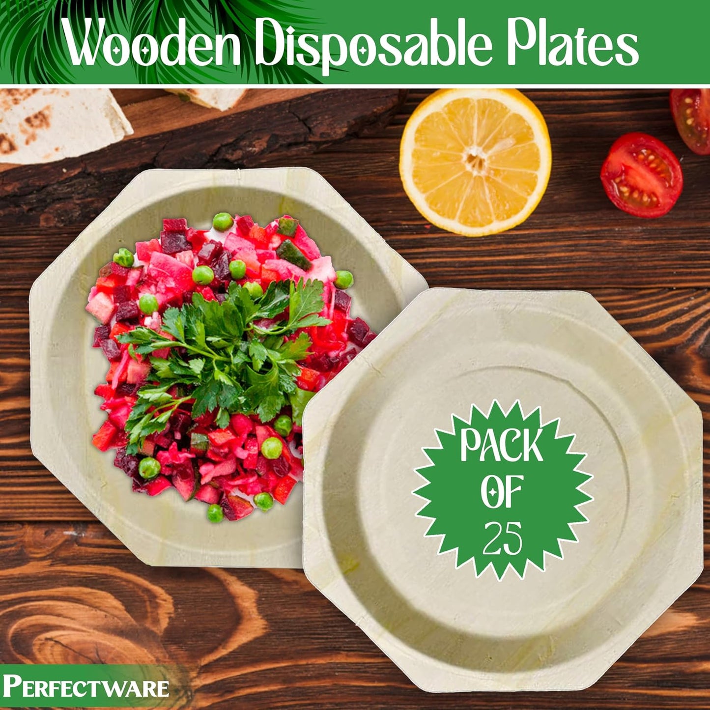 Platos madera octagonal 11pulg set 25 beige