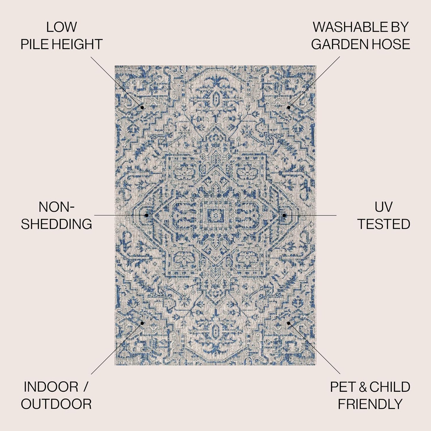 Alfombra cuadrada Boho 5x5ft azul marino/gris texturizado