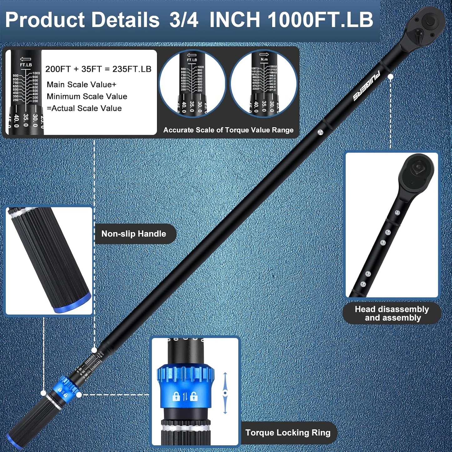 Llave dinamométrica 1 pulg 200-1000 ft para auto camión