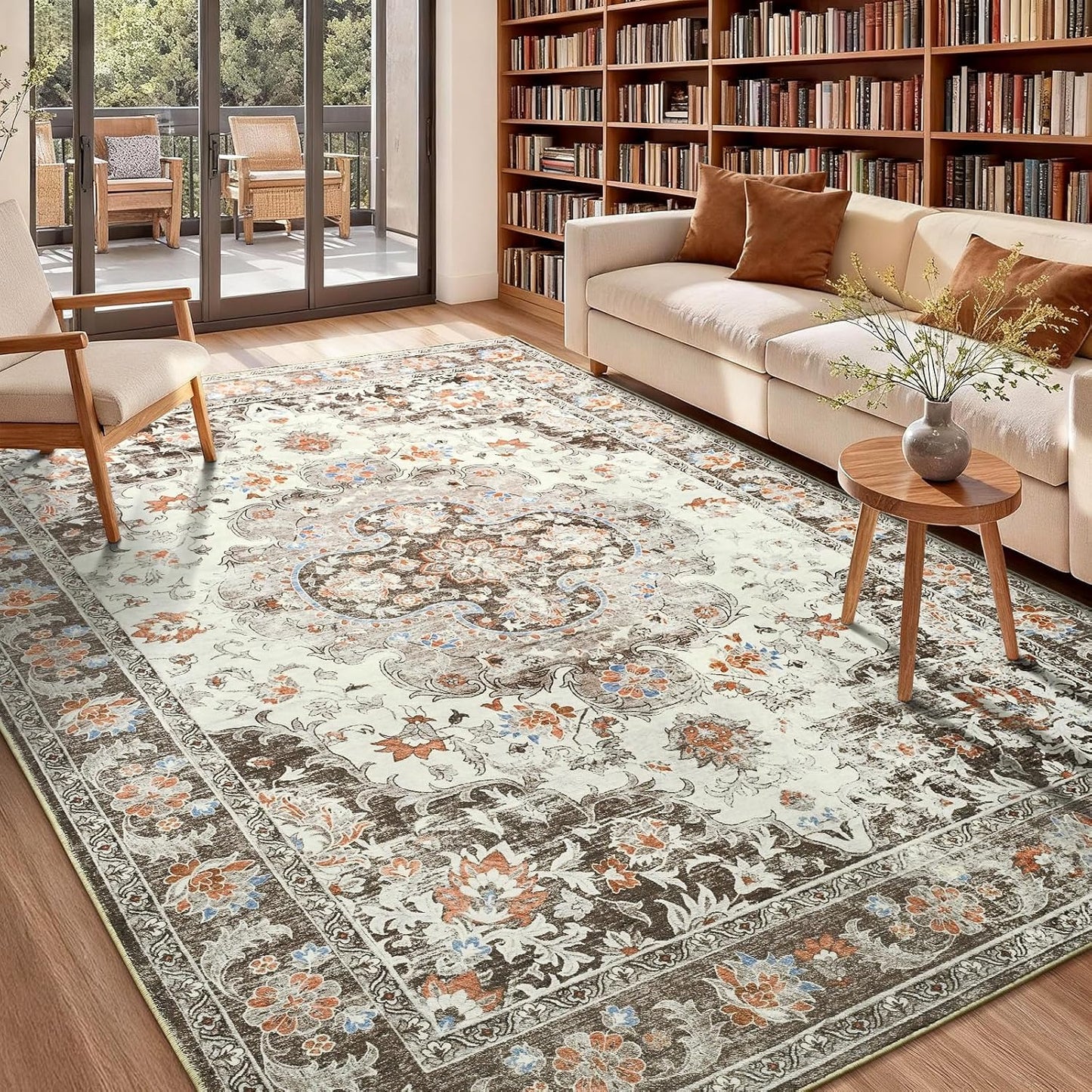 Alfombra sala 5x7ft lavable antiderrap vintage marrón
