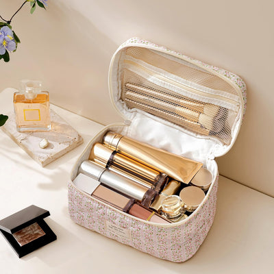 Bolsa maquillaje acolchada algodón con flores para mujer y niña
