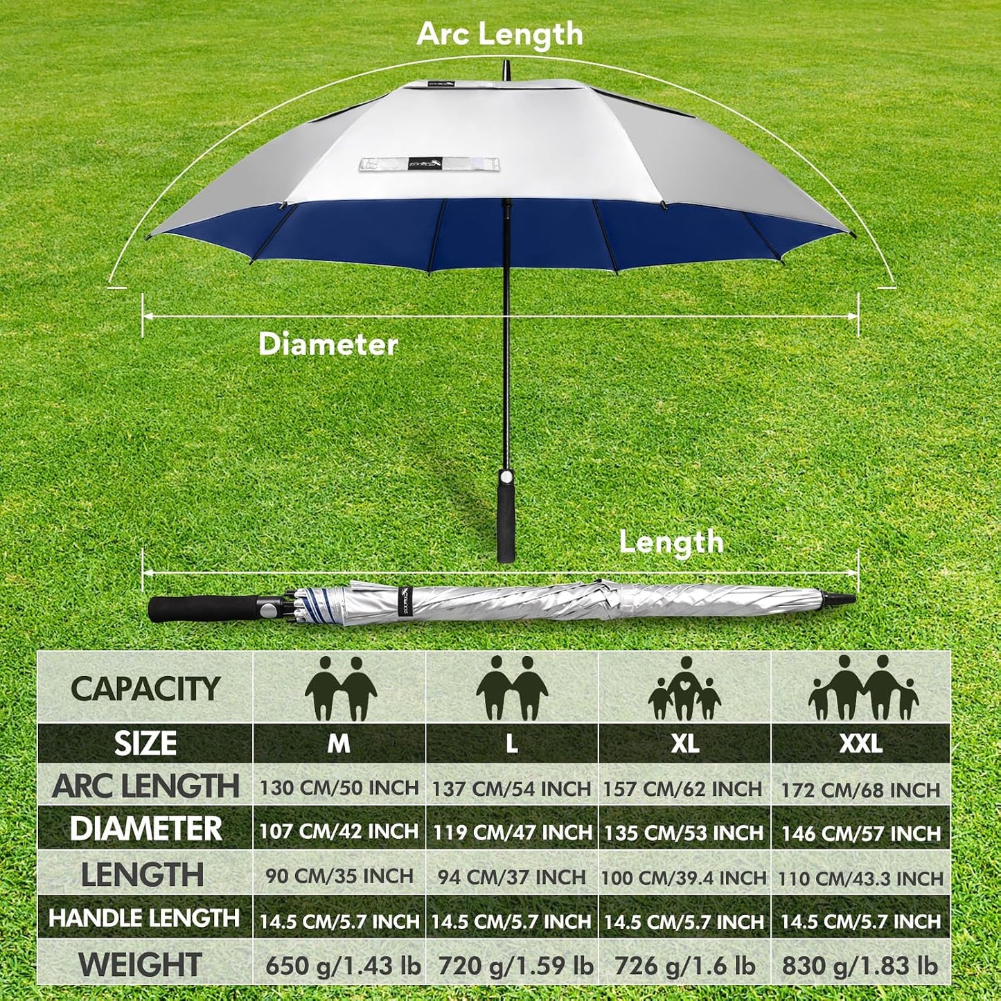 Paraguas golf UV 51-68" UPF50 resistente viento