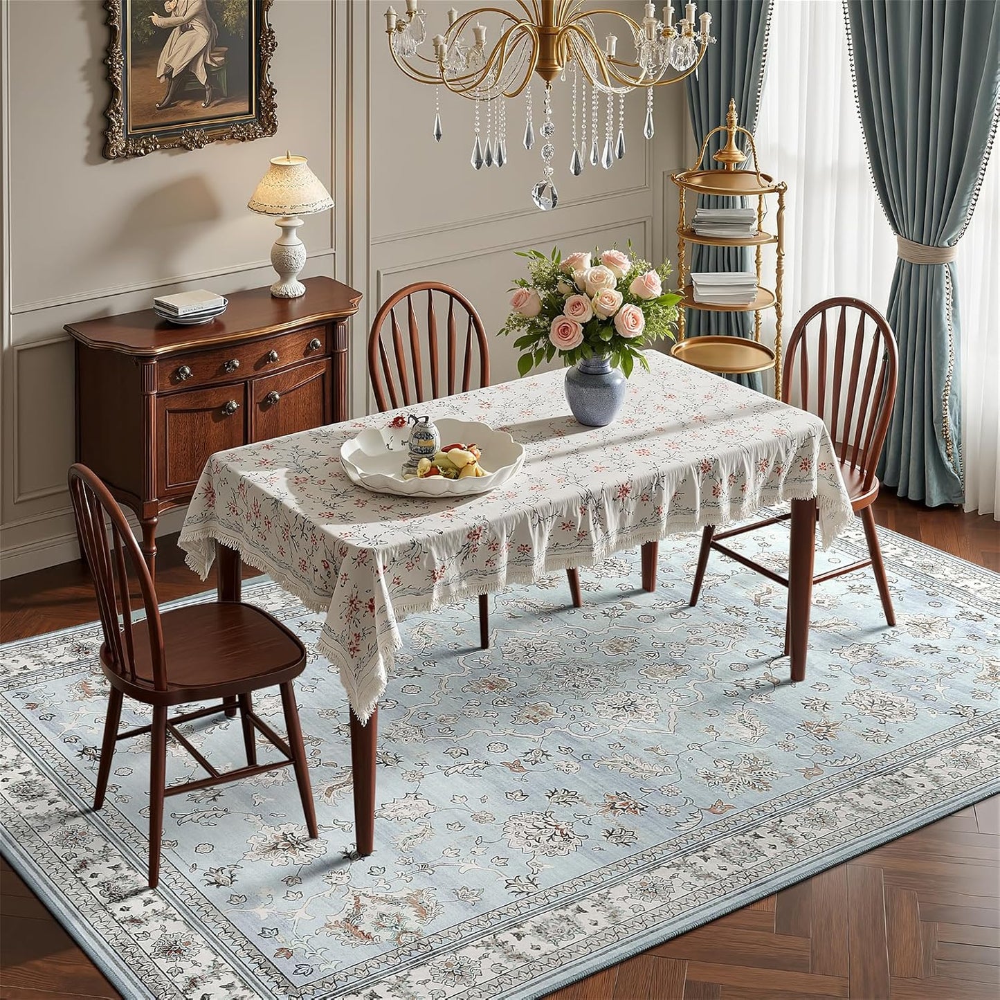 Alfombra sala dormitorio estilo boho azul claro antiderrap