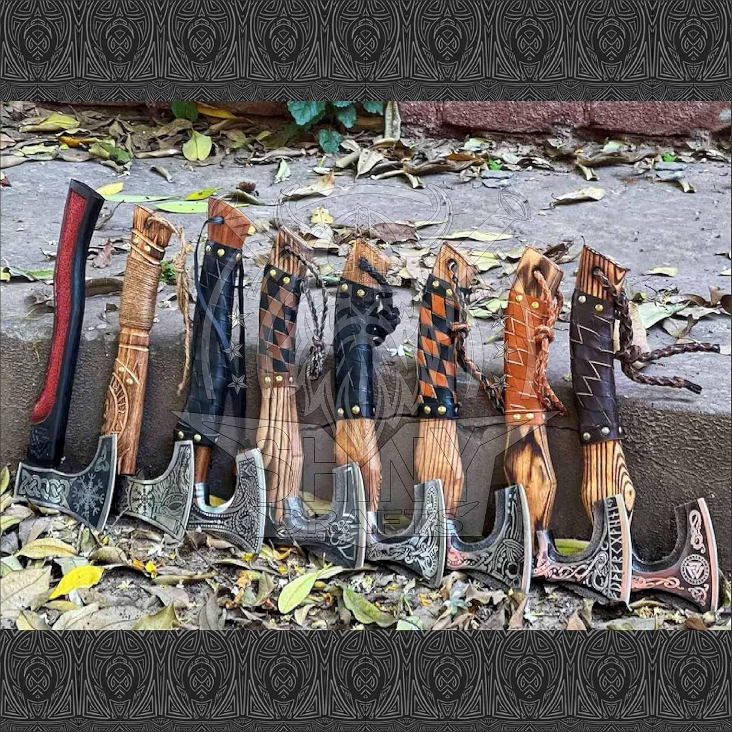 Hacha Vikinga Decorativa Hecha a Mano con Mango Cuero Set 8