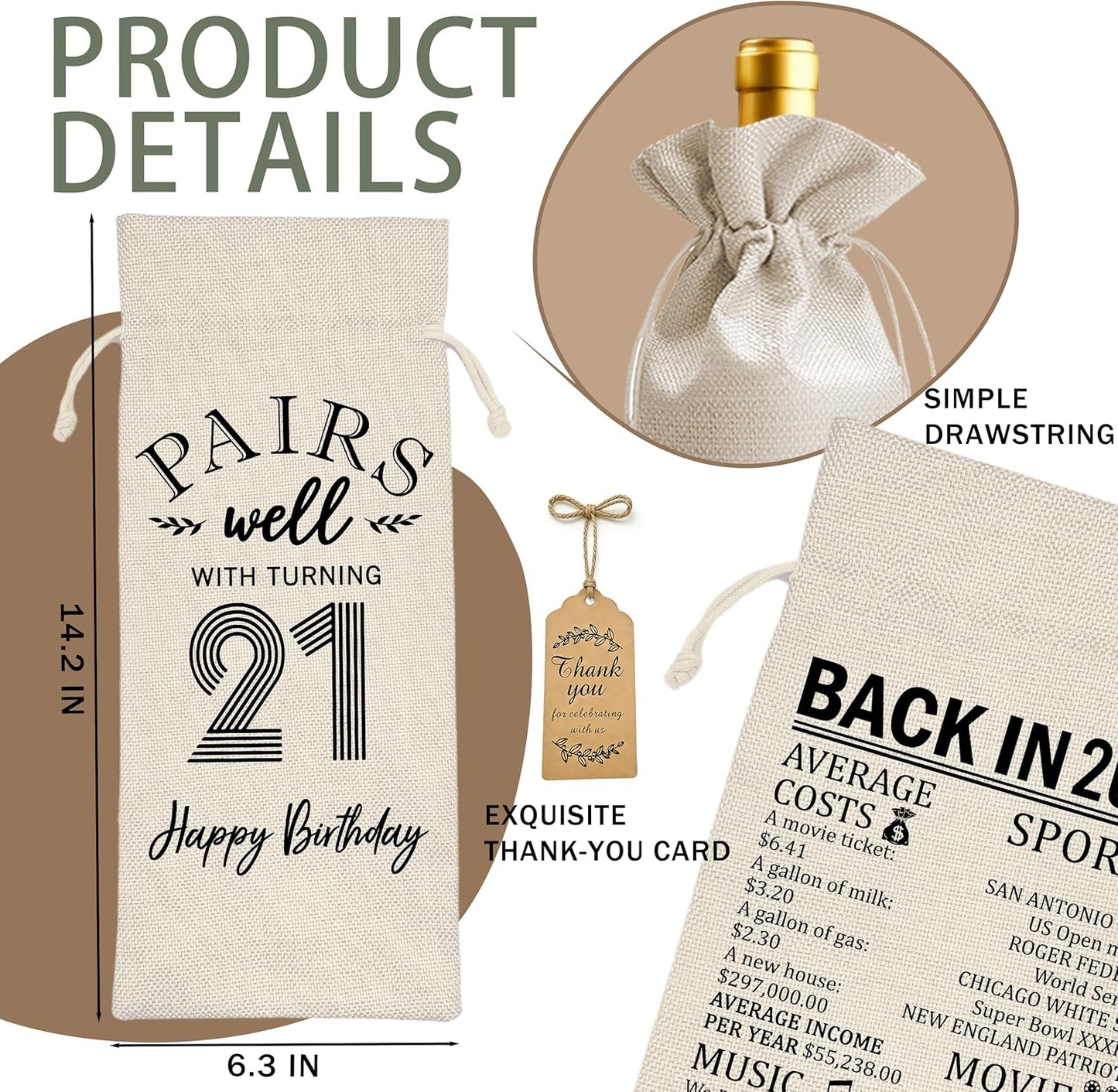 Bolsa regalo vino cumpleaños 21 con cordón y tarjeta