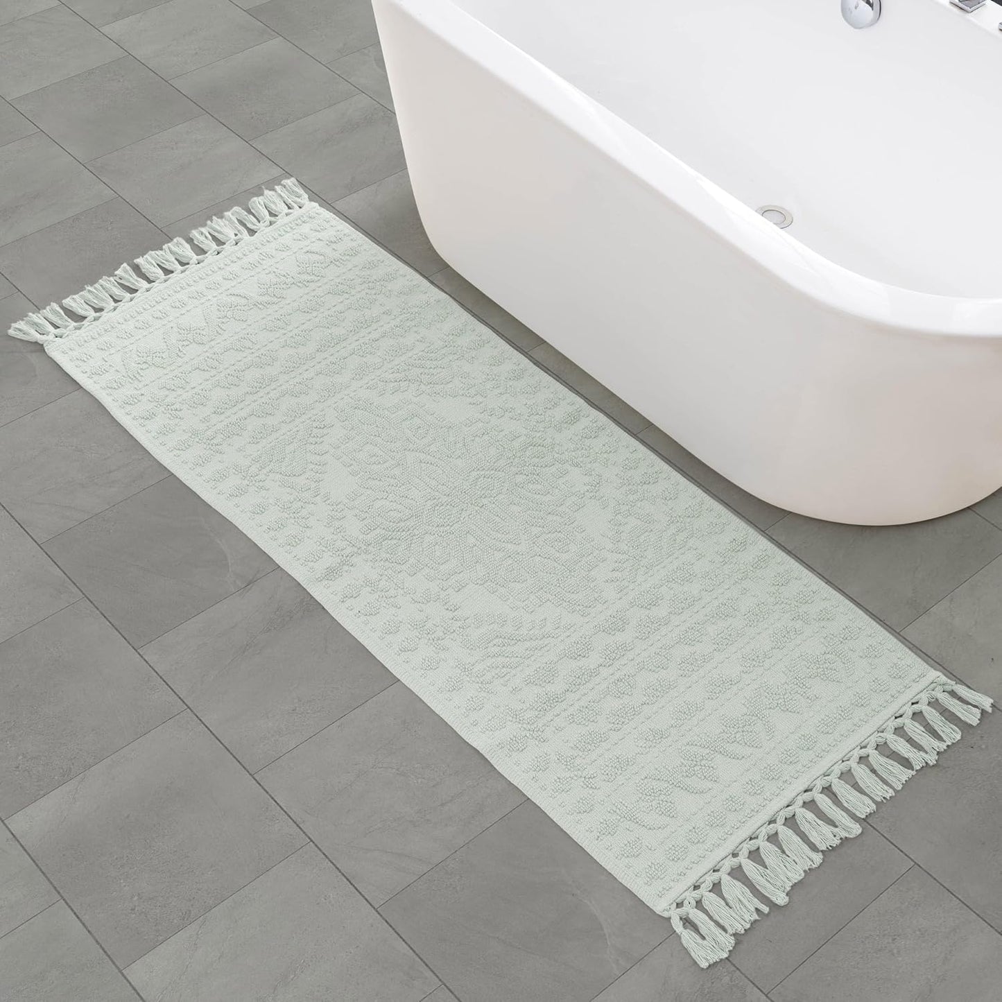 Tapete baño tejido con cuentas 24x64pulg azul claro