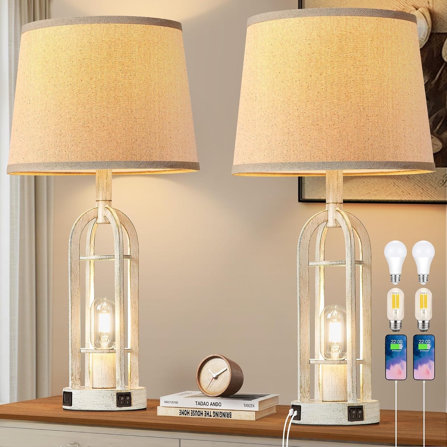 2 Lámparas Mesa Rústicas con Luz Nocturna USB 4 Bombillas