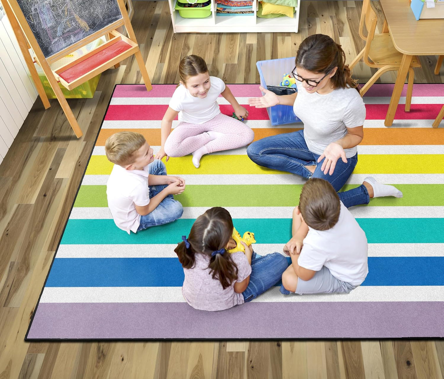 Alfombra área a rayas arco iris 5x7ft para niños
