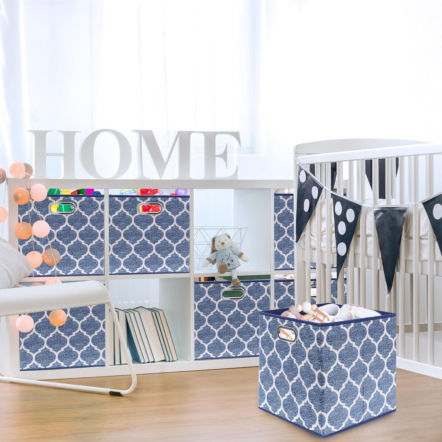 Cubo tela plegable 13" asas diseño impreso set 3 azul