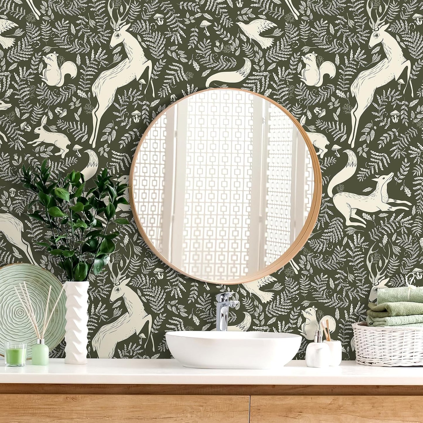 Papel tapiz animales bosque autoadhesivo verde oscuro