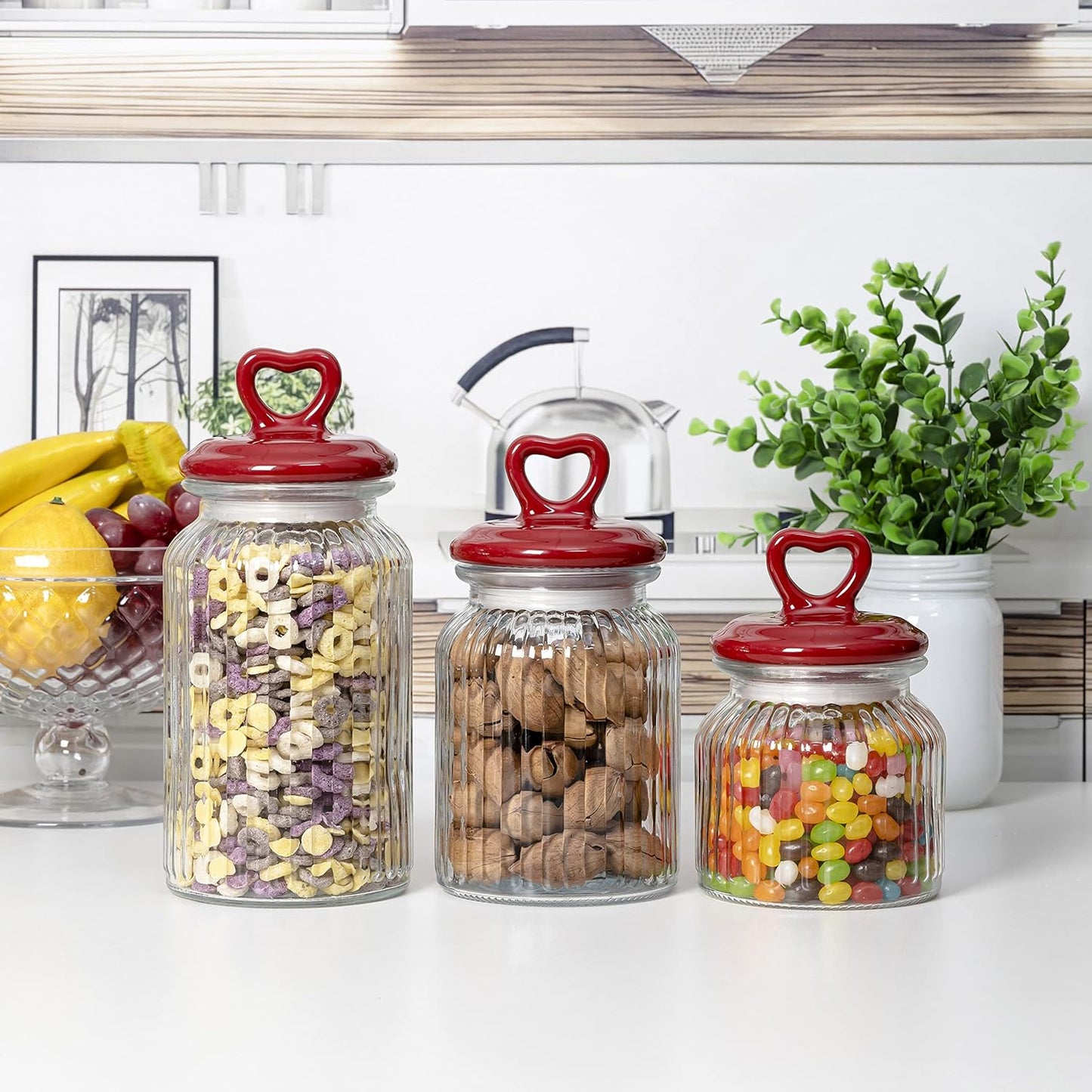 3 Pzas Recipientes Vidrio Decorativos con Tapa Cerámica