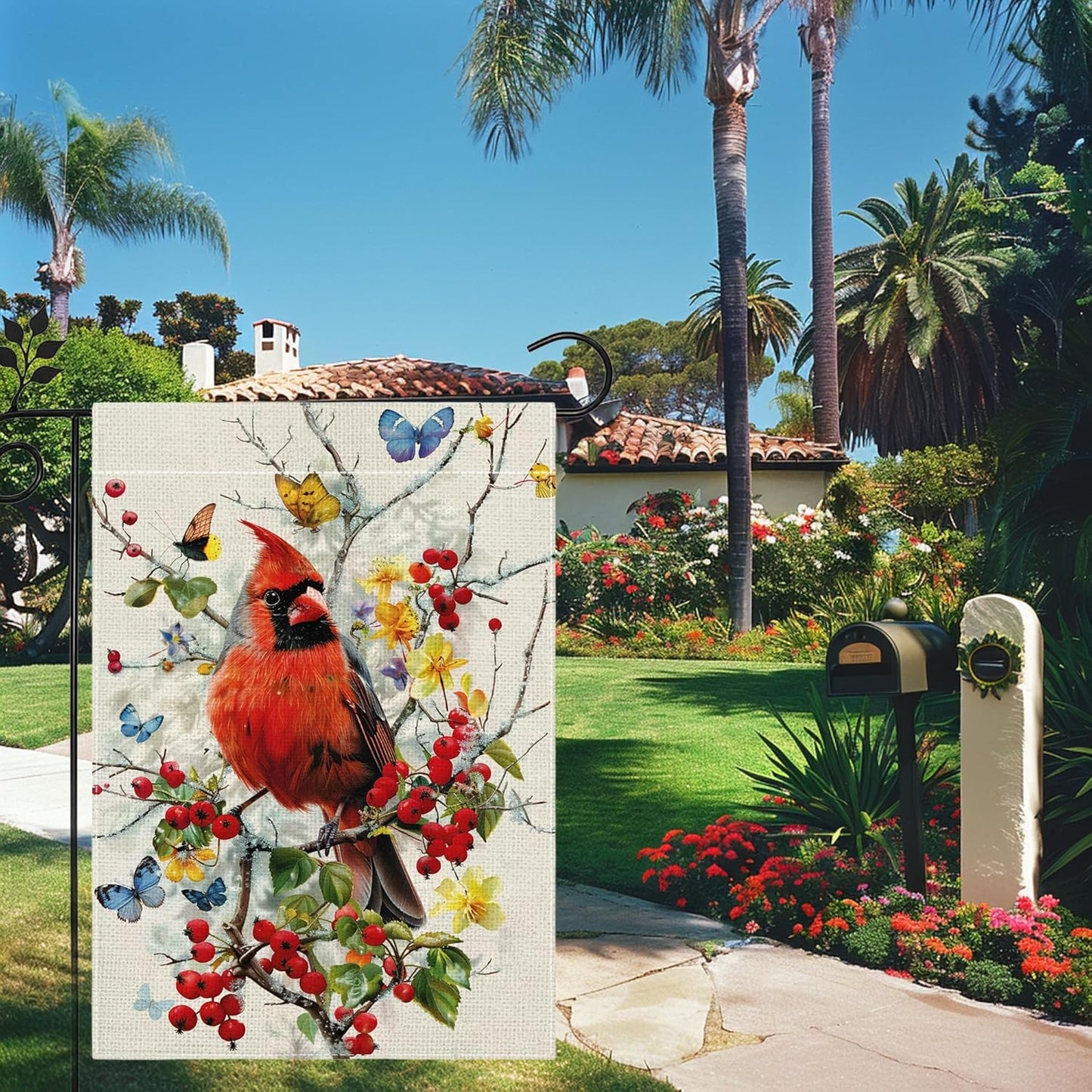 Bandera jardín primavera cardenal flores mariposa 12x18pulg