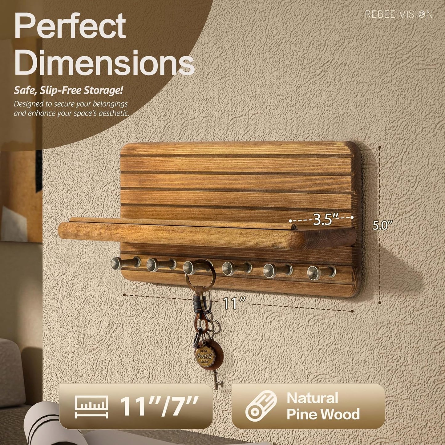 Soporte pared llaves madera pino 11" 6 ganchos marrón claro