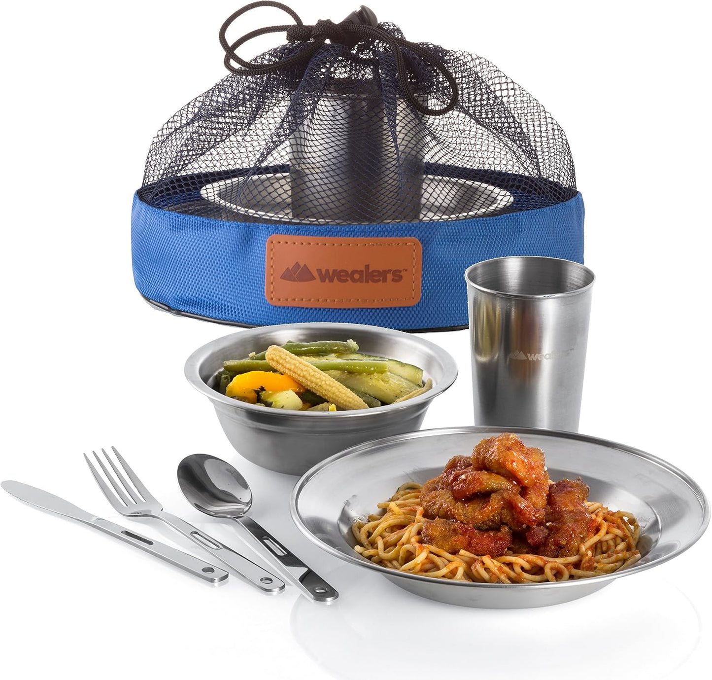 Kit vajilla acero inox camping con tazas platos cubiertos