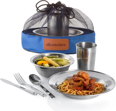 Kit vajilla acero inox camping con tazas platos cubiertos