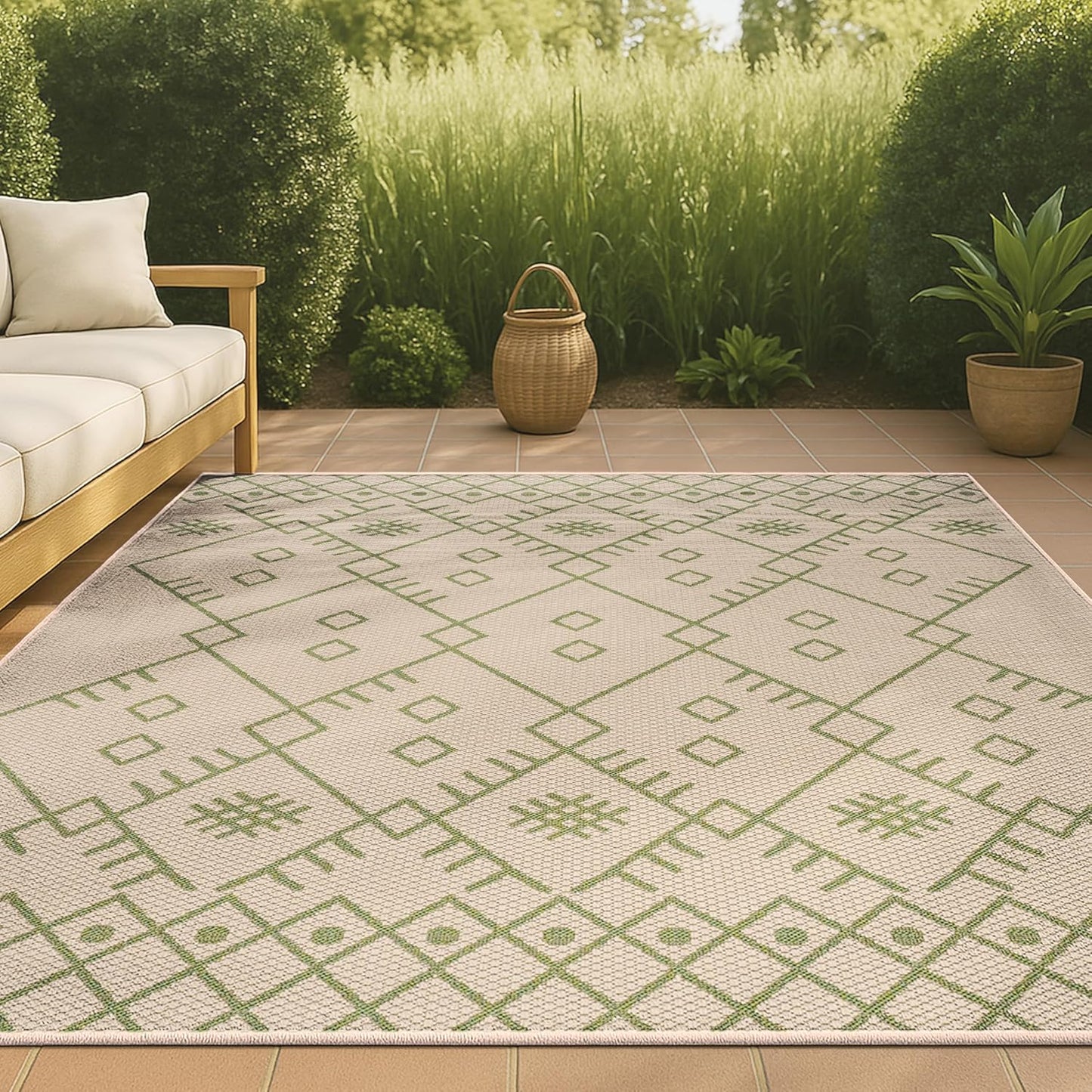 Tapete bohemio marroquí 5x8ft beige/verde para patio y