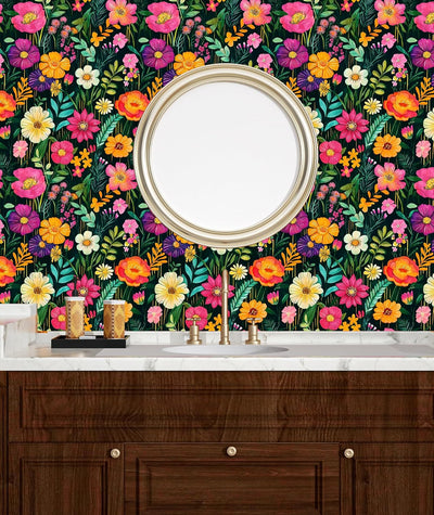 Papel tapiz floral adhesivo verde baño 17.5x393.5