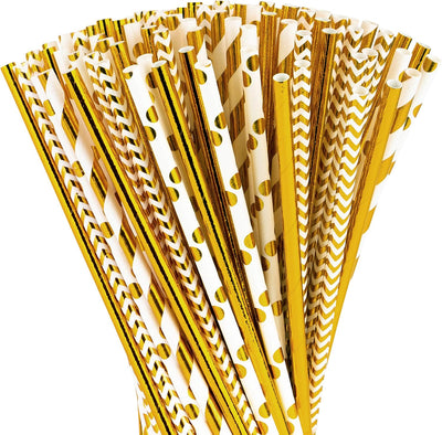 200 Pajitas Papel Biodegradable Doradas 8.25pulg 4 Patrones