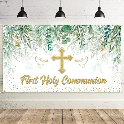 Cartel fondo comunión hojas verdes decoración ceremonia bautizo
