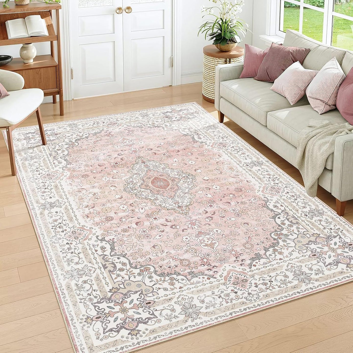 Alfombra 5x7pulg rosa vintage lavable antiderrap